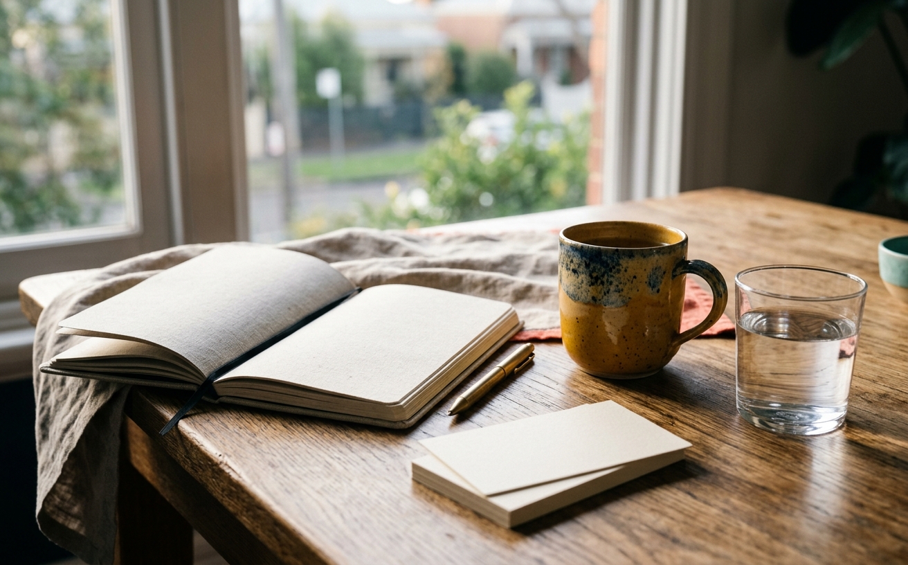 Morning notebook, water, and simple home routine objects