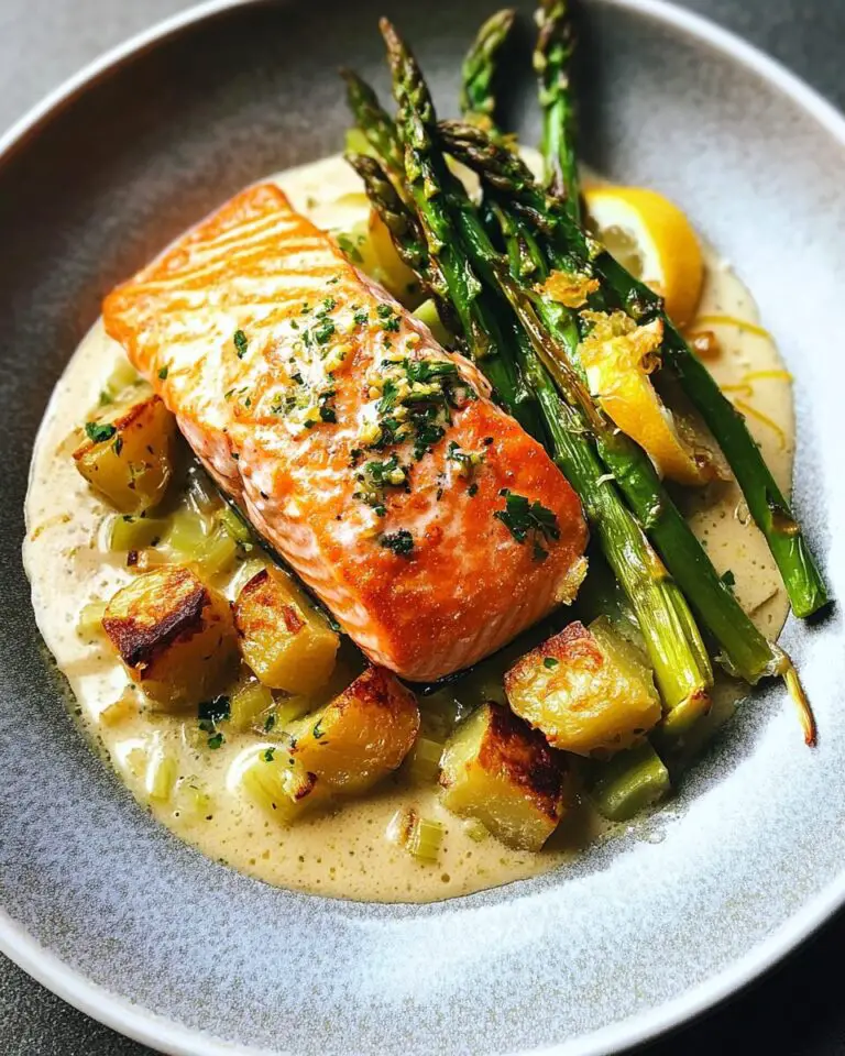 Spring Salmon with Creamed Leeks, Potatoes, and Asparagus