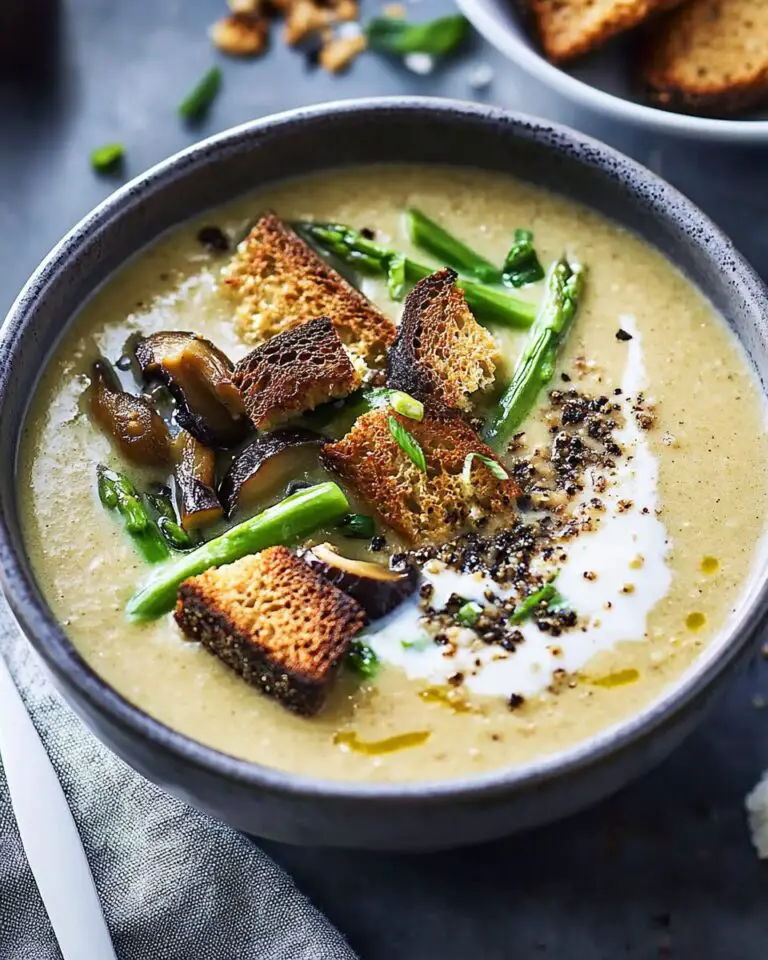 Asparagus, Morel, and Walleye Soup with Rye Croutons